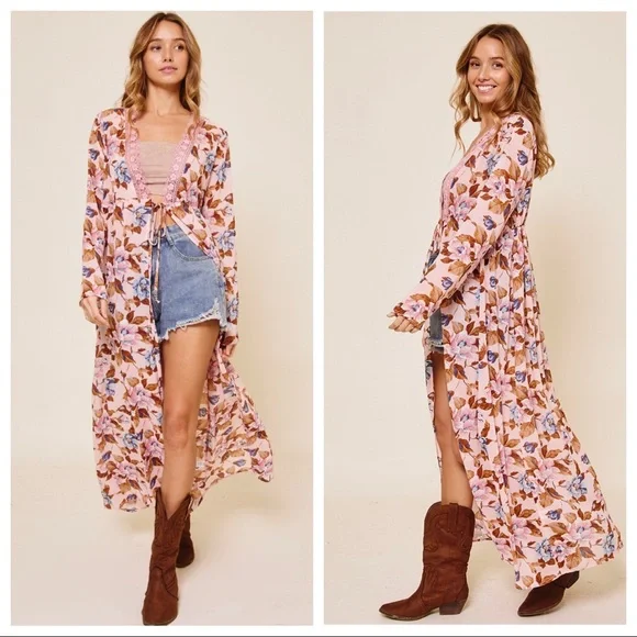 Kourtney Floral Maxi Length Kimono Duster Dress - Picture 1 of 2